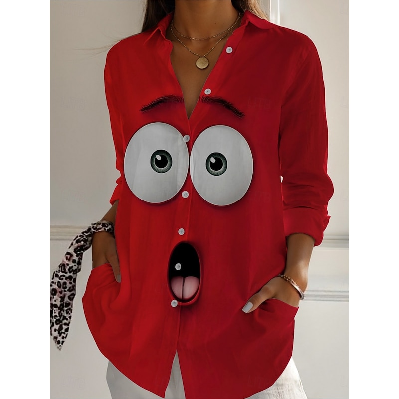 Women's Cartoon Funny Smile Face Shirt Graphic Active Daily Stylish Long Sleeve Shirt Collar Regular Tops Daily Holiday Buttons Print Red Spring Fall