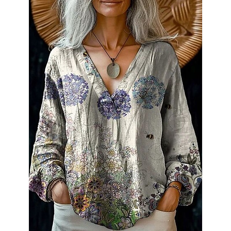 Women's Blouse Floral Retro Vintage Ethnic Long Sleeve V Neck Regular Tops Daily Holiday Print Pink Blue Purple Gray Summer Spring Fall2
