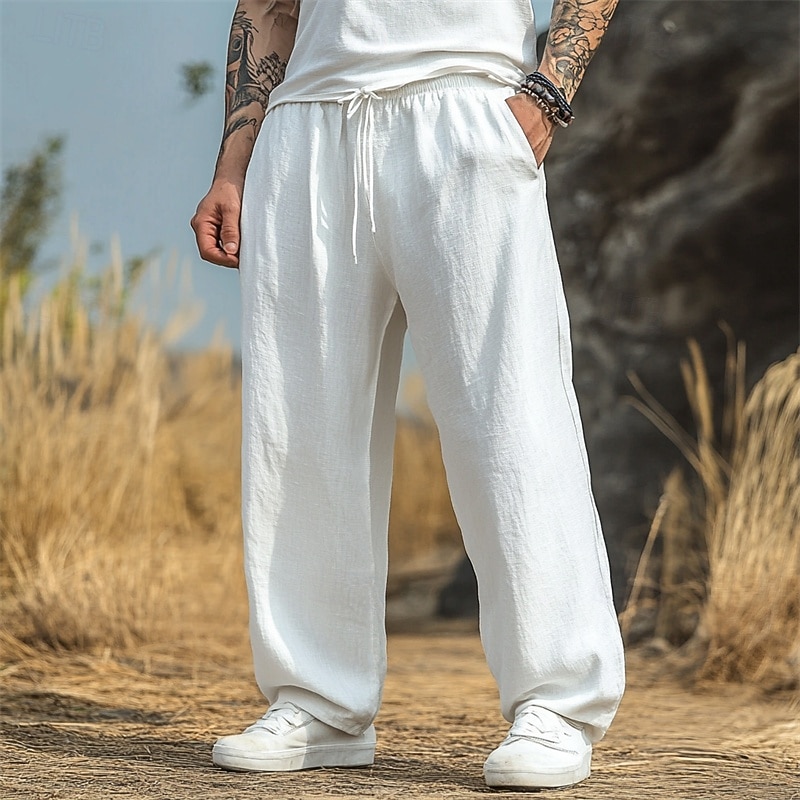 Men's Linen Pants Trousers Summer Pants Baggy Pants Beach Pants Drawstring Elastic Waist Straight Leg Plain Comfort Breathable Full Length Home Yoga Holiday Vacation Fashion Black White Inelastic