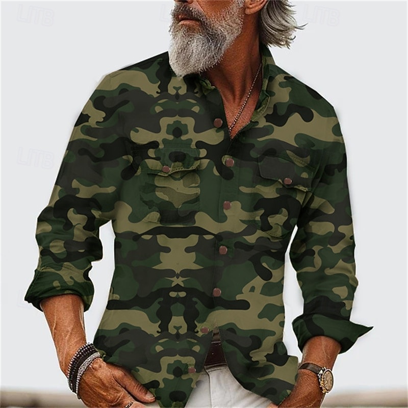 Men's Shirt Summer Shirt Casual Shirt Button Up Shirt Cargo Shirt Navy Blue Green khaki Army Green Gray Long Sleeve Camouflage Lapel Vacation Hawaiian Pocket Clothing Apparel Polyester Fashion Casual2