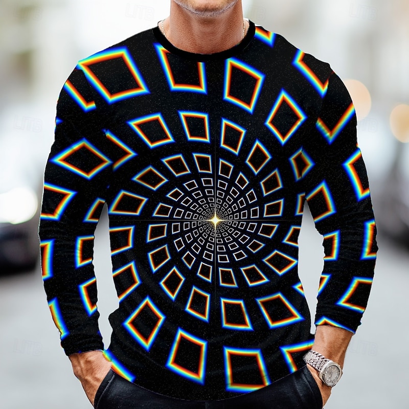 Men's Geometric 3D T Shirt Long Sleeve T shirt 3D Print Crew Neck Shirt Fashion Exaggerated Street Casual Daily Red Blue Green Summer Spring Fall Clothing Apparel S M L XL XXL XXXL