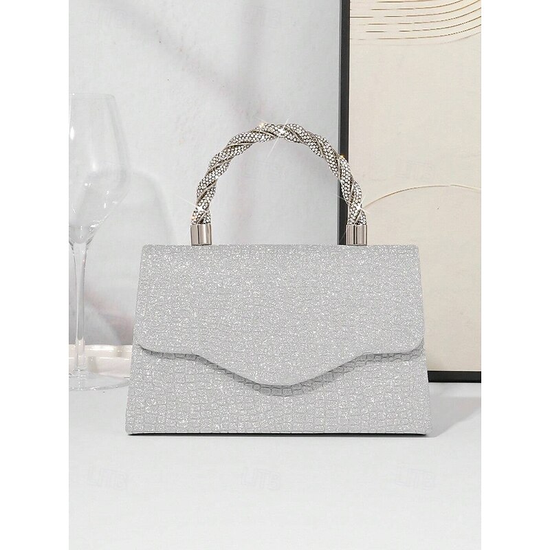 Women's Silver Glitter Handbag with Rhinestone Handle – Elegant Evening Shoulder Bag for Parties, Weddings and Cocktail Events4
