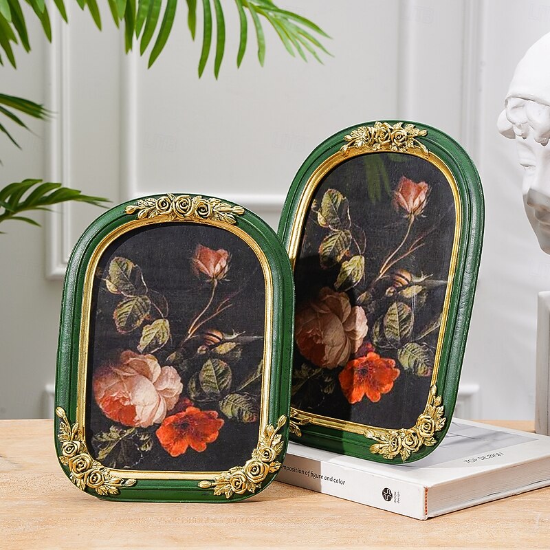 Gold 3D Rose Photo Frame with Green Arched Border, Hand-Painted Resin Picture Frame for Home Decor, Display Photos in Living Room, Bedroom, Study or Entryway