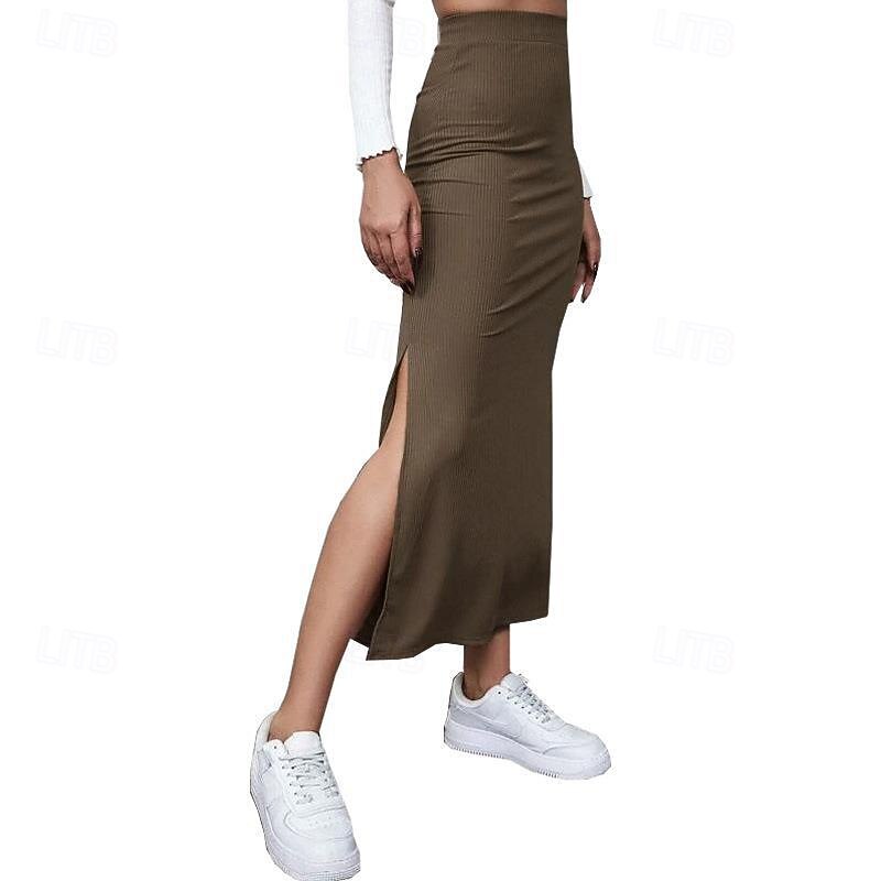 Women's Skirt Casual Maxi Mid Rise Skirts Plain Split Ends Micro-elastic Vacation Street Black Red Light Brown Brown Summer Polyester4