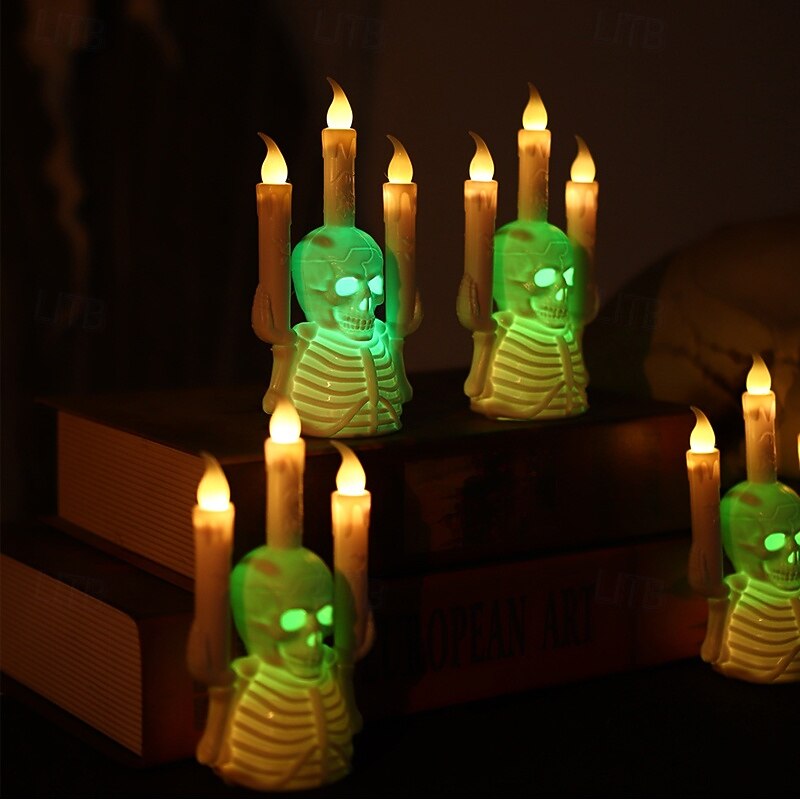 6/12PCS Halloween Skull Candlestick Lamp LED Electronic Candle Lamp Halloween Horror Atmosphere Layout Props Desktop Ornaments4