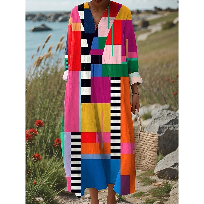 Women's Midi Dress V Neck Long Sleeve Kaftan Lightweight Loose Fit Shift Dress Casual Going out Loose Fit Graphic Geometric Abstract Long Sleeve V Neck Pink Blue Orange Fall3