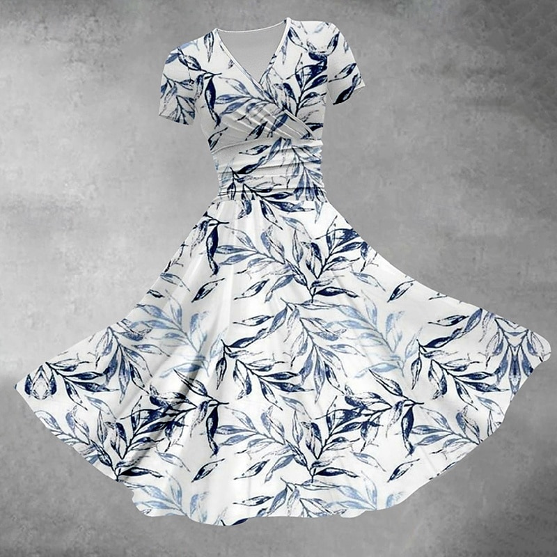 Women's Midi Dress Casual Dress Summer Dress Fashion Modern Daily Beach Weekend Regular Fit Leaf Short Sleeve V Neck Blue Spring Fall