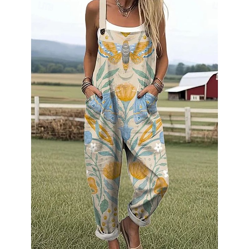 Women's Dungarees Active Graphic Sleeveless Vacation Street Loose Fit White Yellow Army Green Summer2