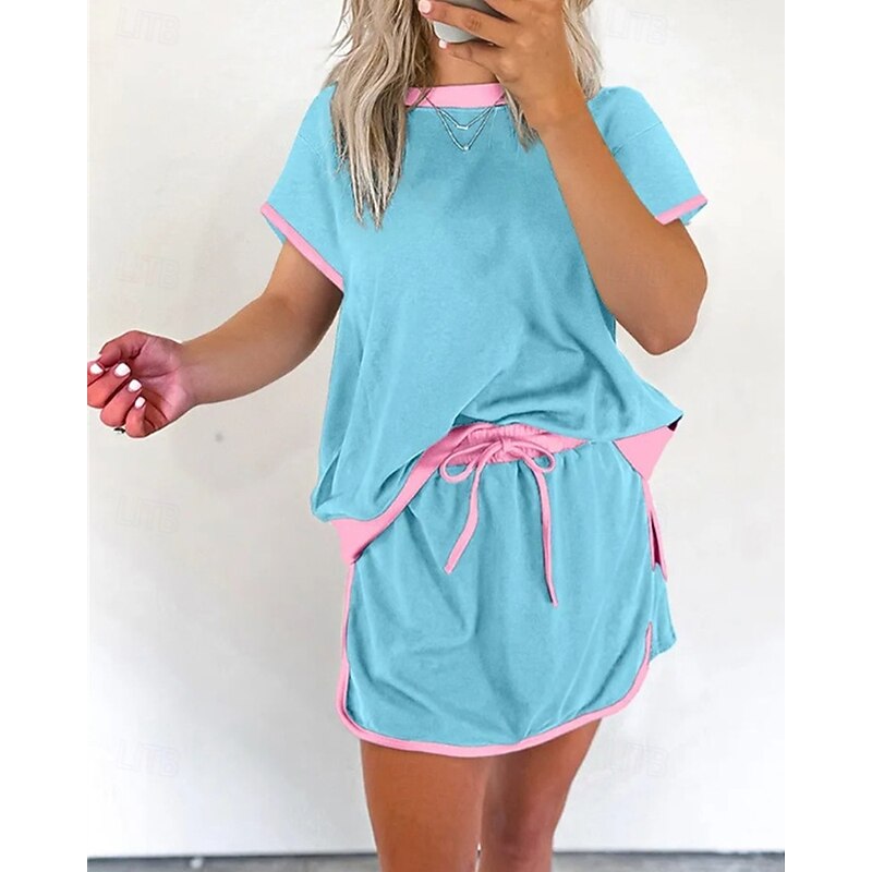 Women's Fashion Basic T Shirt Skirt Sets Shorts Sets Short Sleeve Crew Neck Color Block Patchwork Vacation Casual Daily Black Pink Sky Blue Summer Regular Fit
