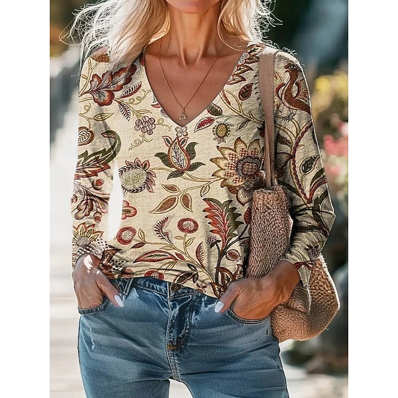Women's Blouse Floral Bohemia Daily Long Sleeve V Neck Regular Tops Daily Holiday Print Black White Purple Green Apricot Summer Spring Fall3