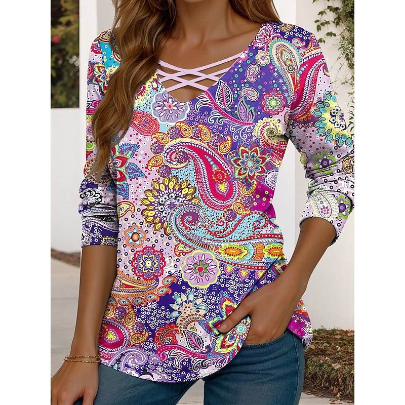 Women's T Shirt Graphic Geometric Vintage Stylish Modern Long Sleeve V Neck Regular Tops Daily Cut Out Print Red Blue Purple Spring Fall