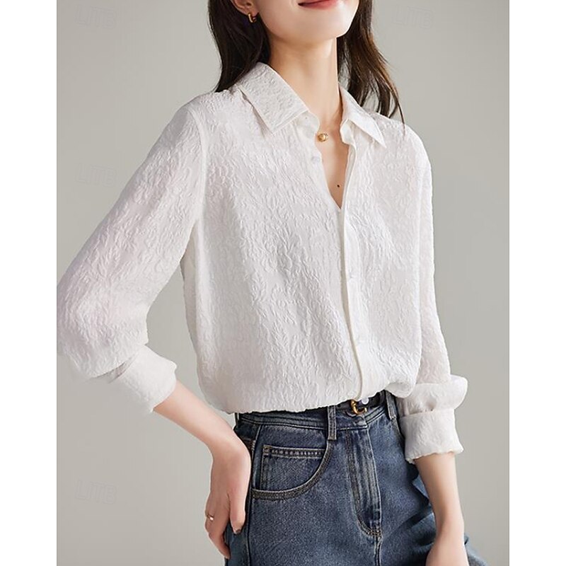 Women's Shirt Texture Blouse Blouse Plain Modern Casual Long Sleeve Shirt Collar Regular Tops Daily Holiday Buttons White Fall4