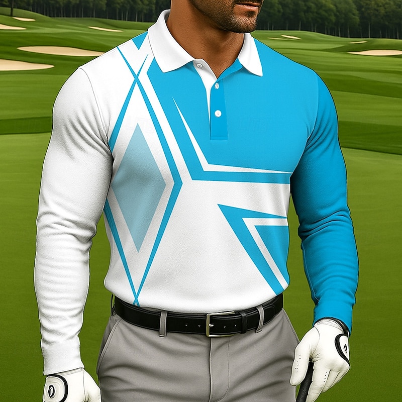 Men's Color Block Geometic Polo Long Sleeve Polo Shirts Collared Shirts Sportswear Casual Athleisure 3D Print Spring Fall Lake blue Black Blue