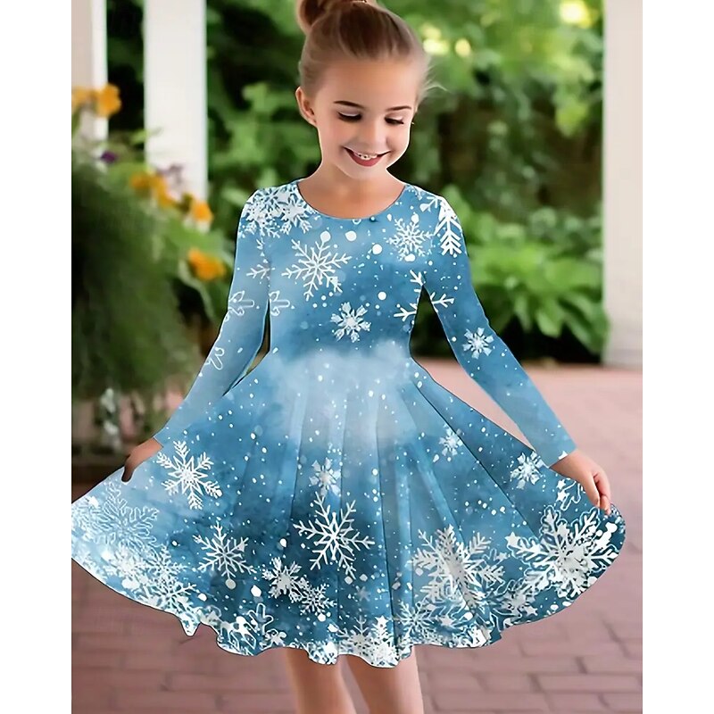 Christmas Girls' 3D Elk Snowflake Dress Long Sleeve Summer Spring Vacation Daily Holiday Princess Beautiful Sweet Kids 4-12 Years Casual Dress A Line Dress Knee-length Regular Fit2