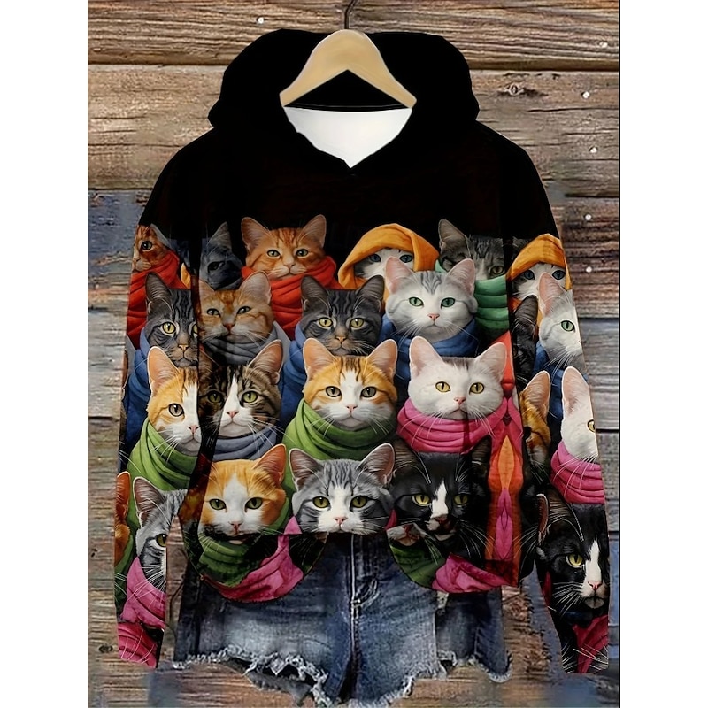 Women's Hoodie Pullover Sweatshirt Oversized Long Sleeve Casual Graphic Animal Cat Vintage Fashion Western Hooded Regular Tops Street Dailywear Print Front Pocket Black Fall Winter