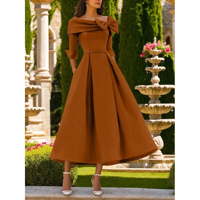 A-Line Cocktail Dresses Elegant Dress Formal Wedding Guest Tea Length 3/4 Length Sleeve Square Neck Pocket Satin with Bow(s) Pocket