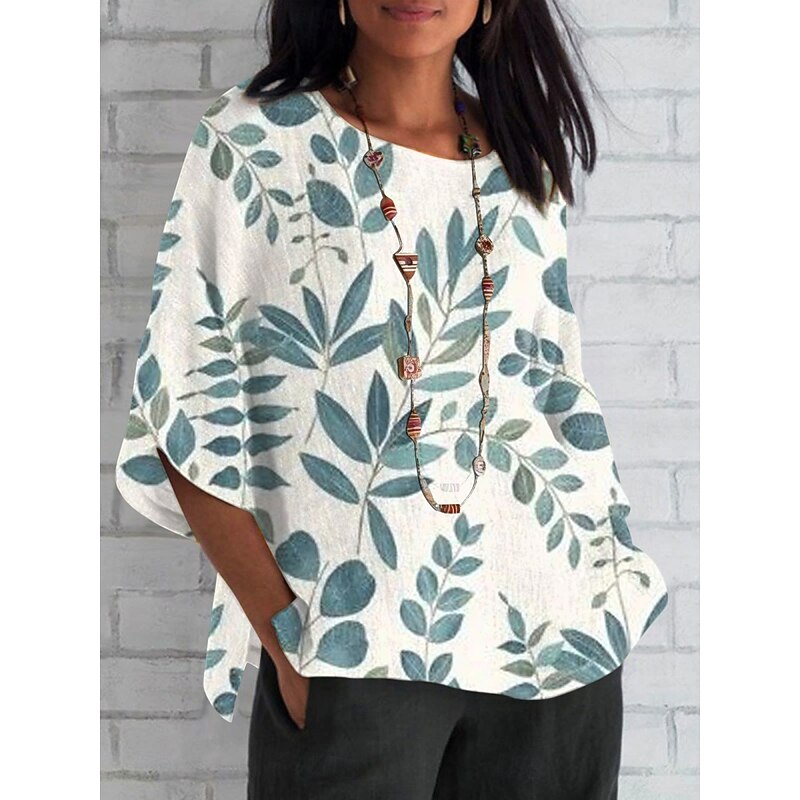 Women's Shirt Leaf Daily Casual 3/4 Length Sleeve Crew Neck Regular Tops Daily Holiday Print Royal Blue Blue Purple Green Summer Spring Fall4