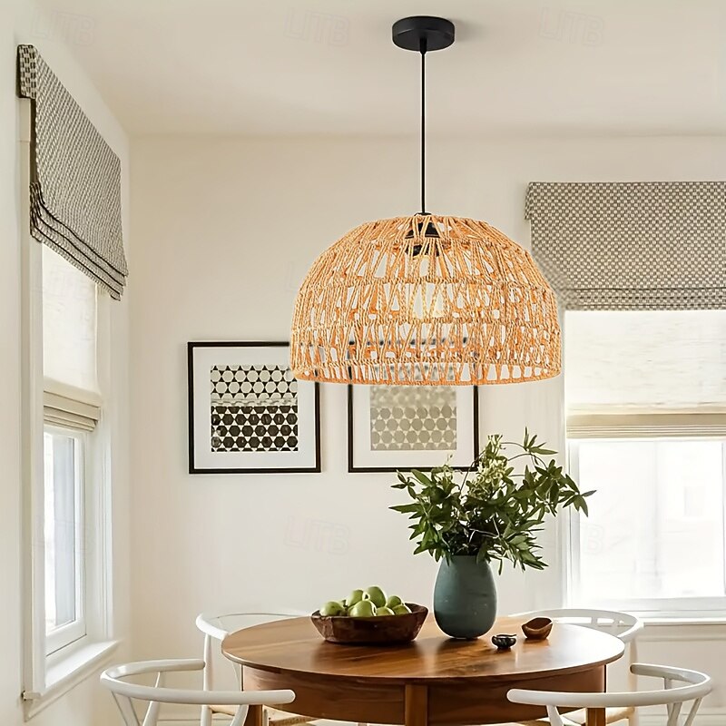 Country Vintage Dome-Shaped Rattan Pendant Light, Hand-Woven Braided Rope, Warm White/White Light, E26/E27, Adjustable Chain2