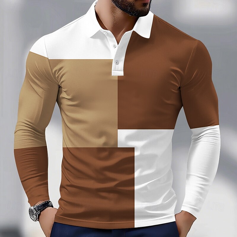 Men's Color Block Polo Long Sleeve Polo Shirts Collared Shirts Business Casual Athleisure Daily Wear 3D Print Spring Fall Red Blue Brown3