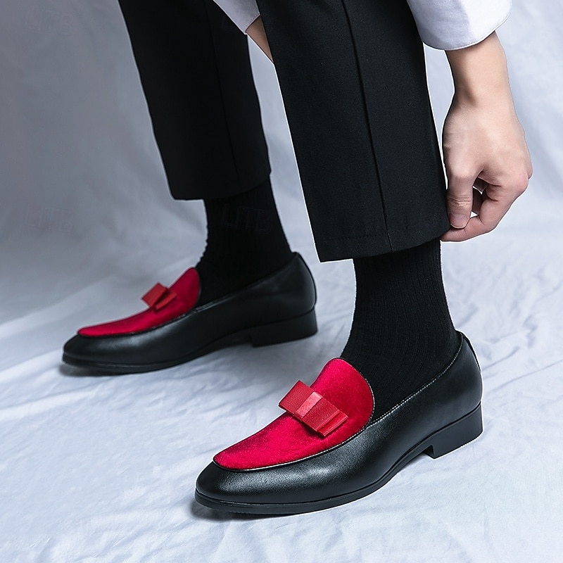 Men's Red Velvet Bow Loafers – Elegant Slip-On Party Shoes for Weddings, Dinners & Prom Nights3