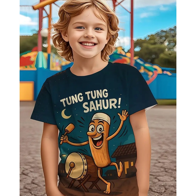 Boys' 3D Graphic Playful Drumming Character & TUNG TUNG SAHUR Print T shirt Tee Short Sleeve Summer Spring Fashion Basic Kids 4-12 Years Crew Neck Outdoor Casual Daily Regular Fit2
