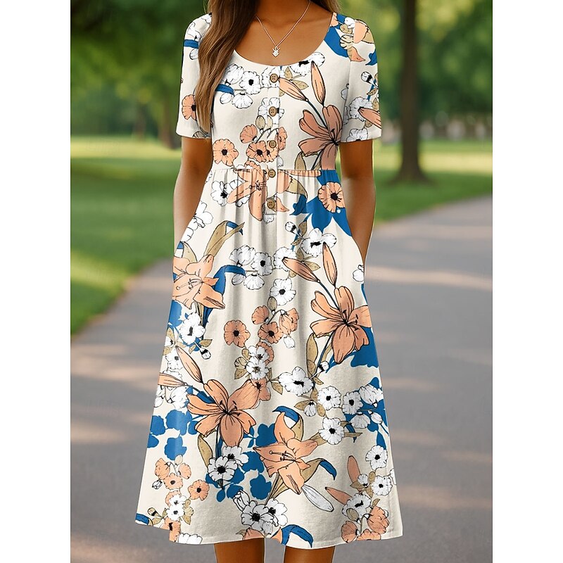 Women's Midi Dress Casual Dress Sundress A Line Dress Summer Dress Vacation Casual Beach Holiday Regular Fit Floral Graphic Short Sleeve Crew Neck Pink Blue Green Beige Summer Spring3