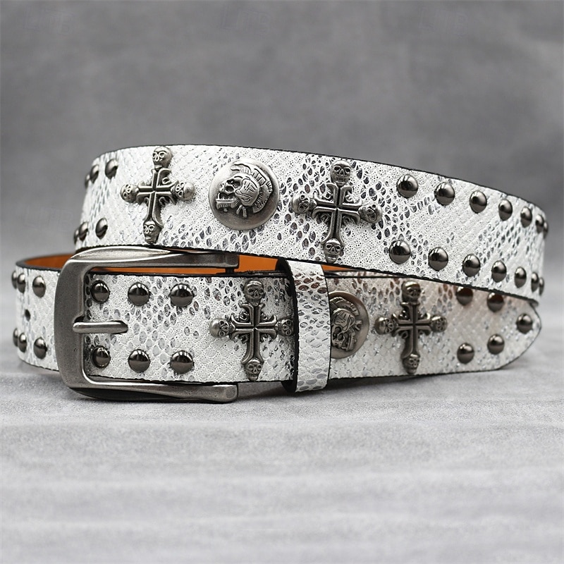 Men's Belt Waist Belt Silver Black PU Leather Alloy Vintage Durable Adjustable Cross Skulls Outdoor Daily4