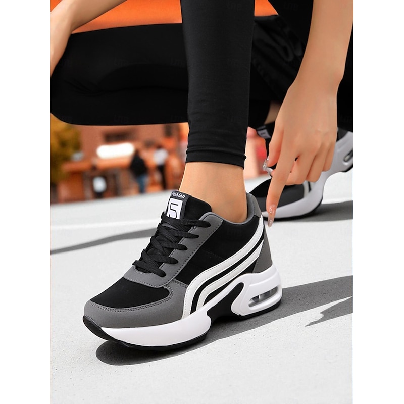 Women's Black and Gray Chunky Running Sneakers – Breathable Mesh Lace-Up Trainers, Casual Sporty Walking Shoes for Gym, Travel and Everyday Wear4