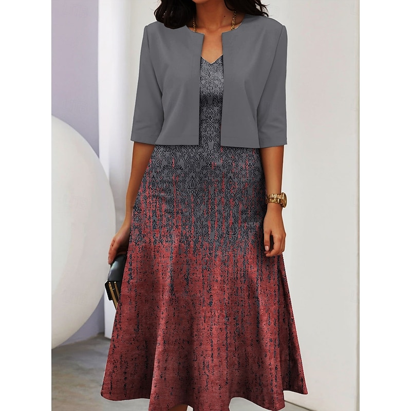 Women's Two Piece Dress Sets Midi Dress with Jacket Elegant A Line Dress Half Sleeve Casual Semi Formal Ombre Graphic Print V Neck Date Black Pink Red Spring Fall Regular Fit3