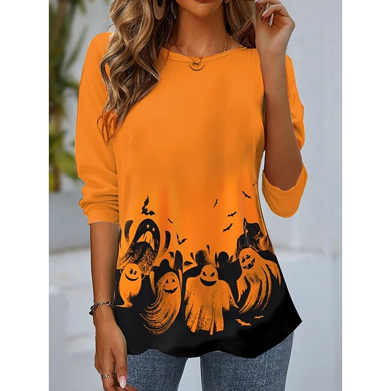 Halloween Women's T shirt Bat Long Sleeve Crew Neck Long Sleeve Tunic Graphic Animal Vintage Stylish Round Neck Regular Tops Daily Weekend Print Black Purple Orange Fall Prefall3