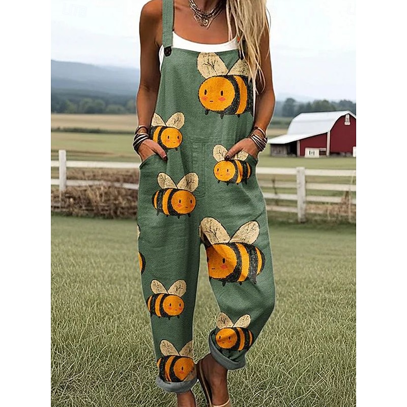 Women's Dungarees Active Graphic Sleeveless Vacation Street Loose Fit White Yellow Army Green Summer