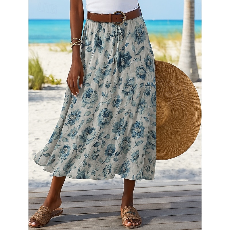 Women's Long Skirt Elegant Bohemia Vintage Casual Maxi High Waist Skirts Floral Inelastic Vacation Causal Picture color Summer Cotton Linen