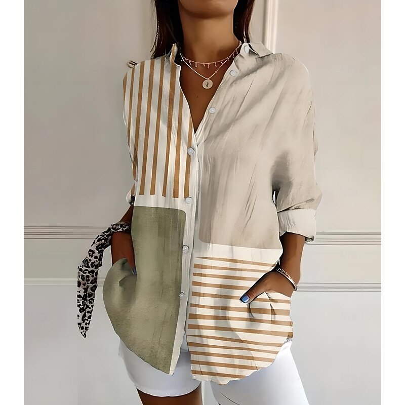Women's Shirt Button Down Tunic Shirt Collar Long Sleeve Graphic Geometric Striped Vintage Tropical Daily Regular Tops Work Daily Holiday s Print White Yellow Red Blue Orange Spring3