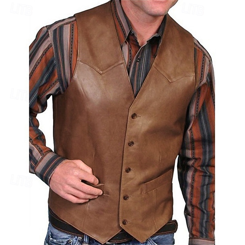 Men's Leather Vest Daily Wear Vacation Going out Vintage Fashion Spring &  Fall Button Faux Leather Comfortable Plain Single Breasted V Neck Regular Fit Red Brown Vest3