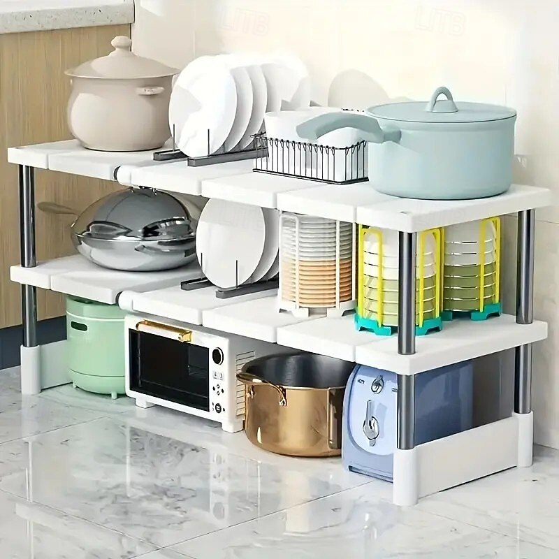 Adjustable Under Sink Storage Rack, Stainless Steel Multi-Tier Space-Saving Organizer for Kitchen and Bathroom Cabinets, Durable No-Wood Design, Easy to Install3