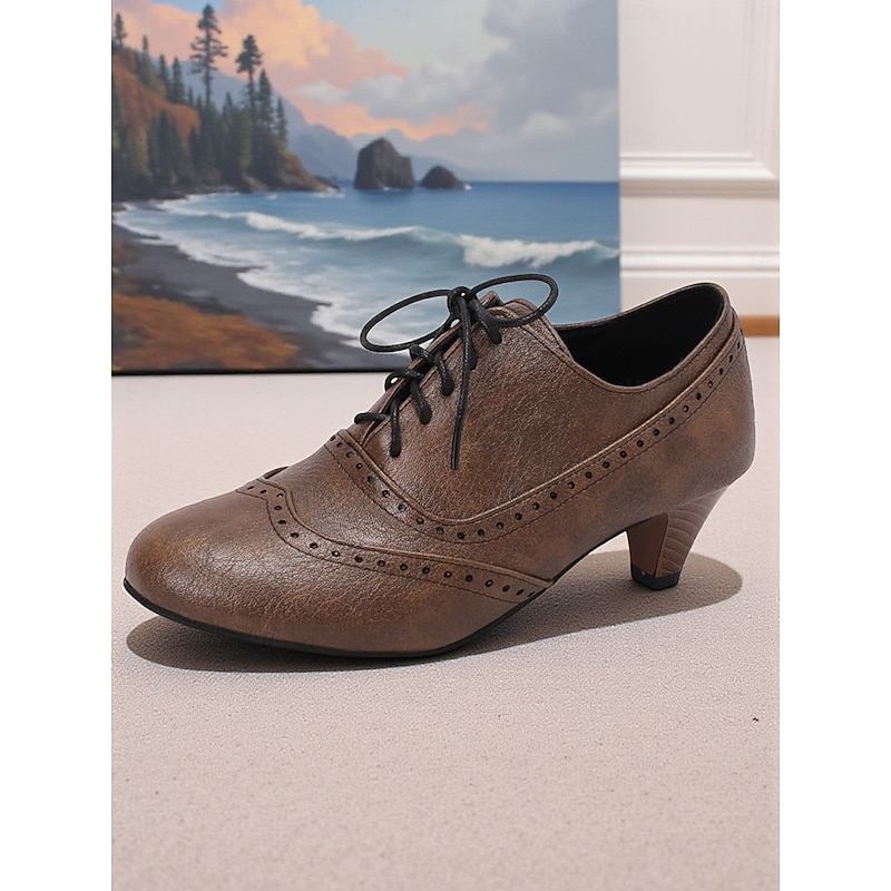 Women's Edwardian Vintage Oxford Heels – Burgundy Lace-Up Brogue Leather Shoes, Retro 1900s–1910s Style for Tea Parties, Historical Reenactments, and Elegant Evening Events