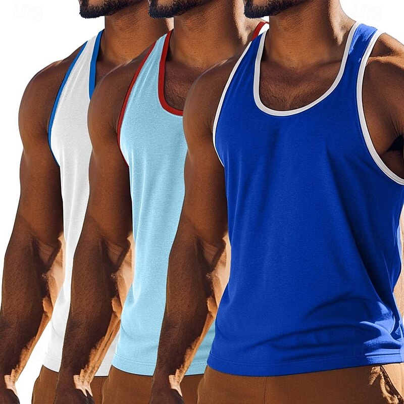 Men's Tank Top Vest Undershirt Sleeveless Shirt Sleeveless U Neck Scoop Neck Summer Solid Color Plain Fashion Sporty Classic 3-Piece Color Block Street Casual Sports Red / Blue / Green3