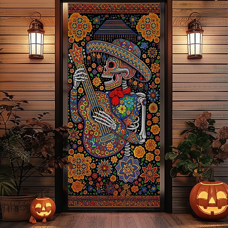 Halloween Door Cover – Dancing Skeleton in Colorful Costume, Haunted House Entrance Banner, Scary Outdoor & Indoor Decoration for 2025 Halloween Bedroom, Living Room, Bathroom4
