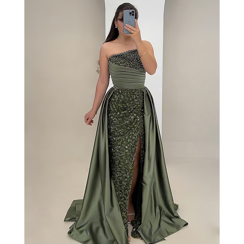 A-Line Mermaid / Trumpet Evening Gown Elegant Dress Formal Wedding Floor Length Sleeveless StraplessMother Of the Bride Dress Satin with Rhinestone Glitter Ruched