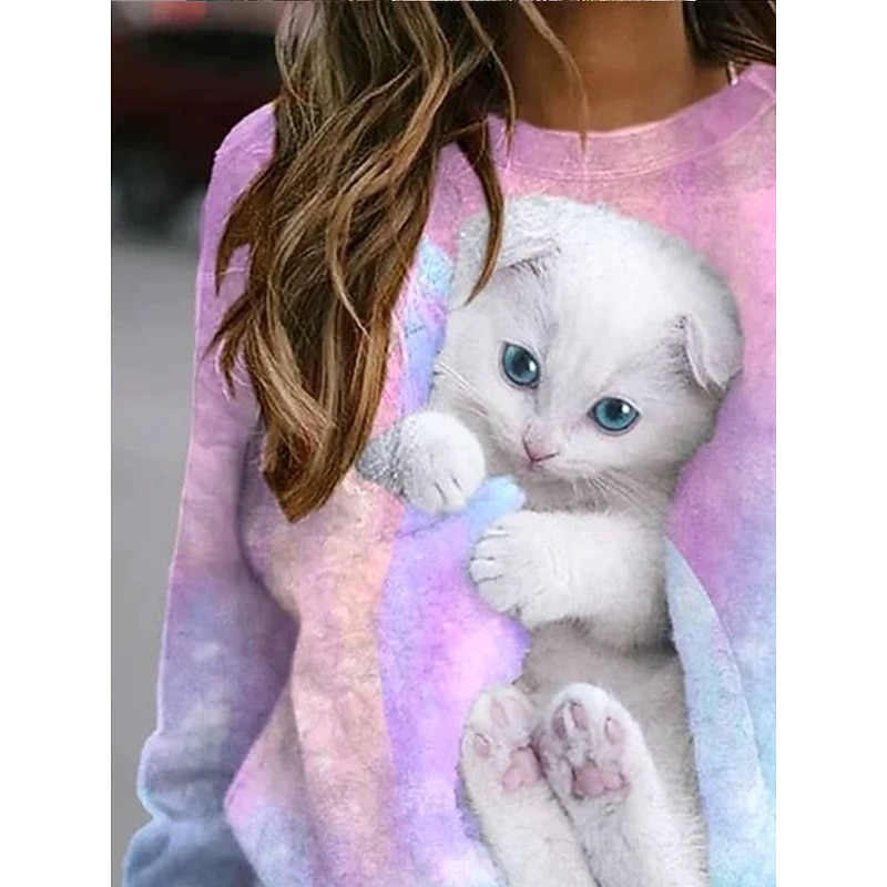Women's Pullover Sweatshirt Hoodies Graphic Animal Cat Fashion Casual Long Sleeve Crew Neck Regular Tops Street Dailywear Casual Print Light Pink Light Blue Spring Fall Winter2
