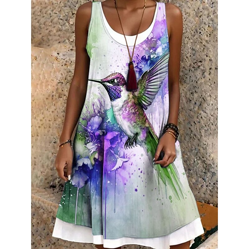 Women's Mini Dress Sundress A Line Dress Off The Shoulder Dress Vacation Casual Boho Daily Loose Fit Graphic Animal Sleeveless Crew Neck Purple Orange Green Summer Spring Fall2