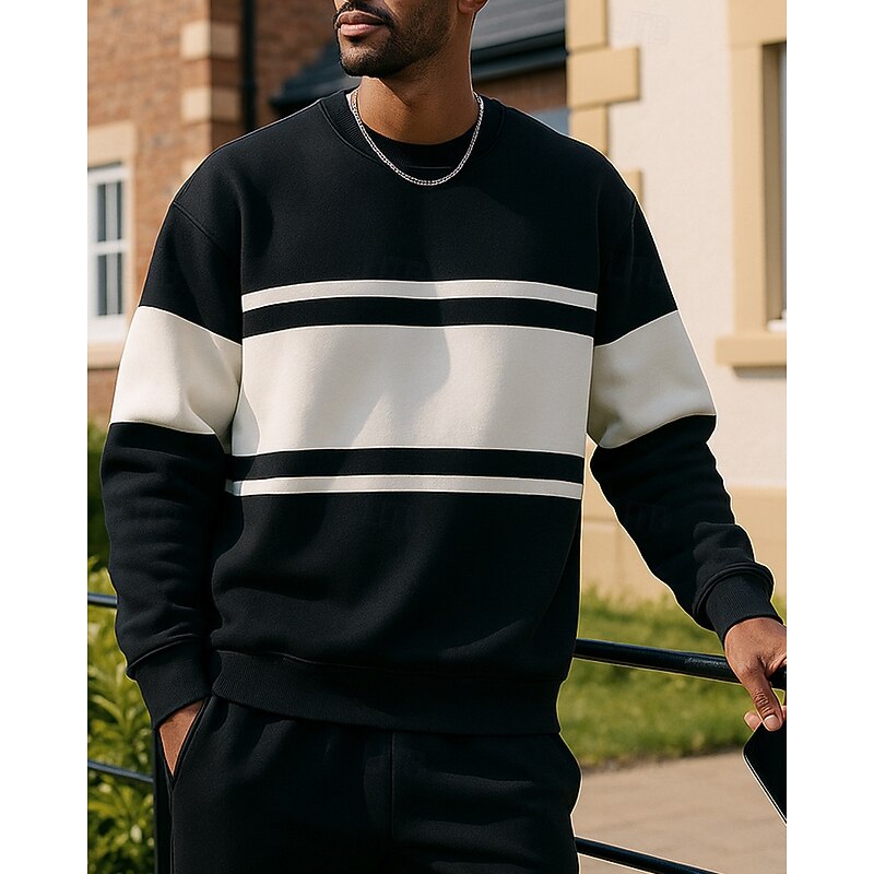 Men's Pullover Sweatshirt Long Sleeve Top Athleisure Patchwork Breathable Casual Sportswear Activewear Black Beige Gray4