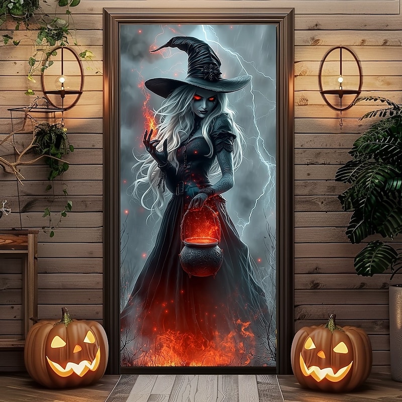 Halloween Door Cover – Witch Holding Glowing Pumpkin Lantern, Haunted House Entrance Banner, Creepy Outdoor 2025 Halloween Decoration for Bedroom, Living Room, Bathroom2