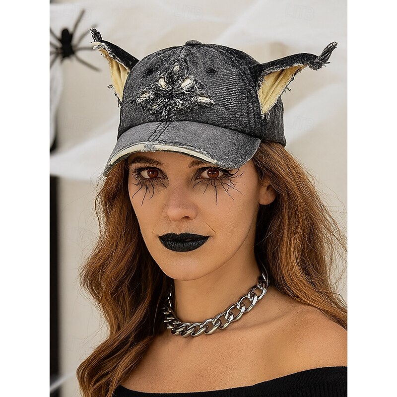 Women's Distressed Denim Baseball Cap with Cat Ears – Vintage Halloween Costume Hat, Cute and Edgy Style for Party, Cosplay and Festival Outfits