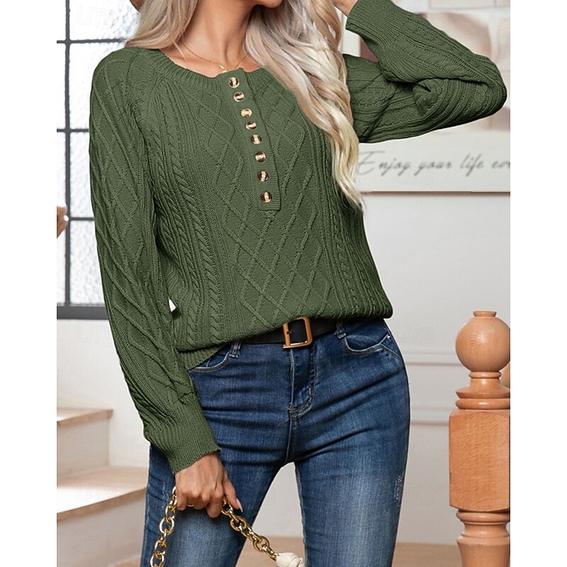 Women's Pullover Casual Solid Color Chunky Crew Neck Knitted Long Sleeve Regular Tops Knit Daily Holiday Going out White Army Green Fall Winter2