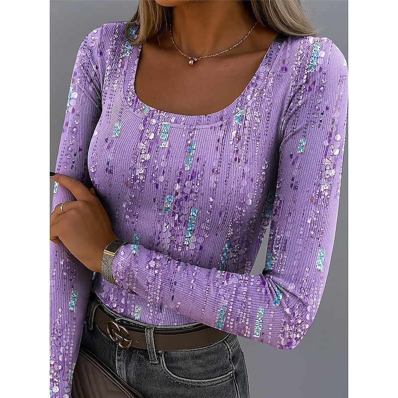 Women's T Shirt Ribbed Graphic Square Neck Long Sleeve Casual Ombre Abstract Vintage Stylish Regular Tops Daily Going out Weekend Print Pink Blue Purple Green Spring Fall