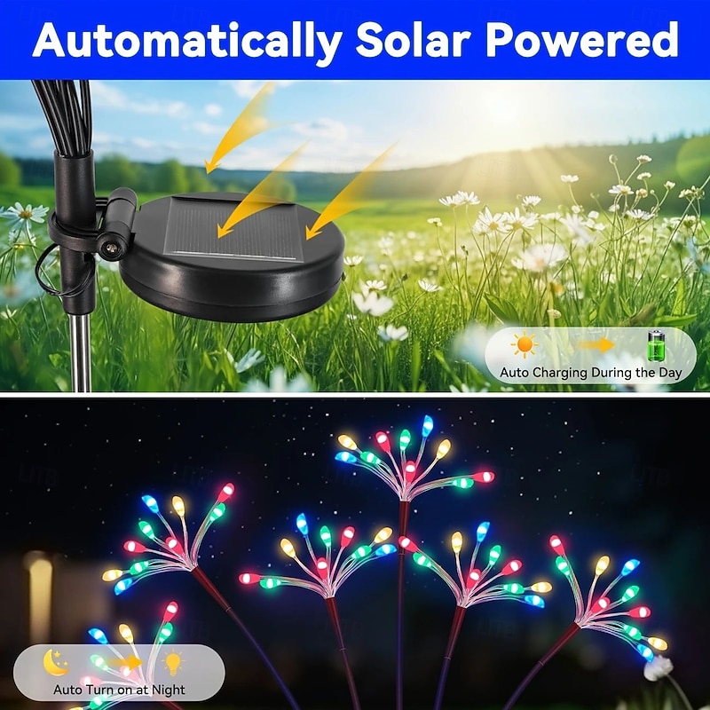 2 Pcs Solar Starburst Fireworks Lights 8 Modes Lighting Outdoor Waterproof Garden Lights for Courtyard Patio Path Party Wedding Christmas/Halloween Decoration3