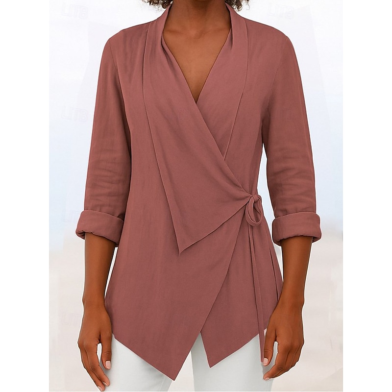 Women's Blouse Solid Color Elegant Stylish Basic Long Sleeve V Neck Regular Tops Daily Holiday Tie Front Black Pink Blue Brown Gray Summer Fall3