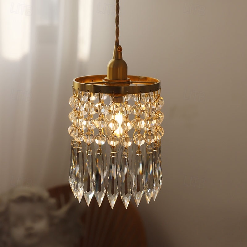 French Crystal Copper Small Chandelier, Modern 1 Light LED Pendant, 20cm Height, Warm White Light, E26 E27, Adjustable Chain