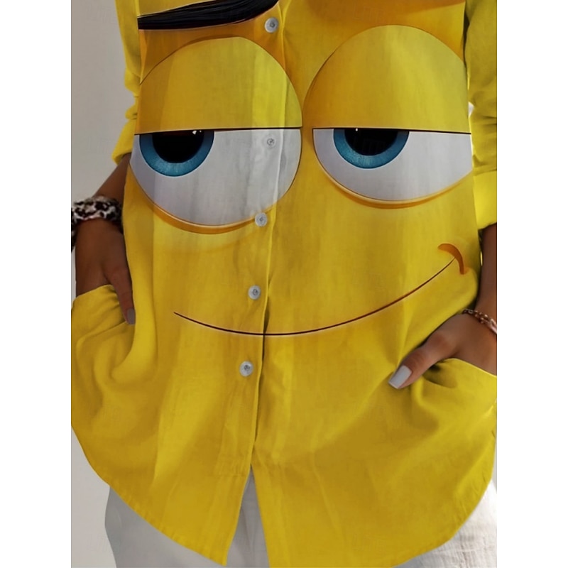 Women's Cartoon Funny Smile Face Shirt Active Daily Stylish Long Sleeve Shirt Collar Regular Tops Daily Holiday Buttons Print Yellow Spring Fall3